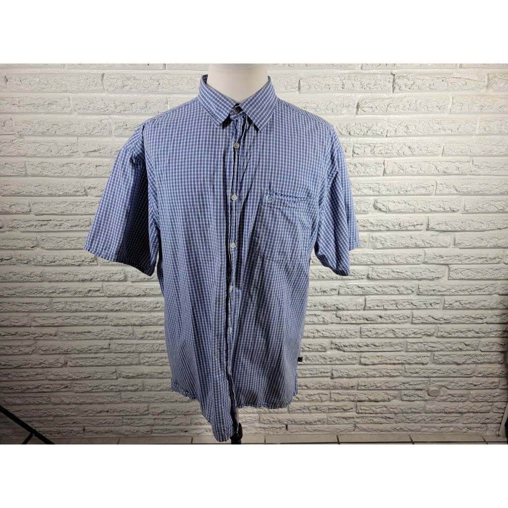 Phat Farm Mens Shirt 3X Button Up Short Sleeve Blue Plaid Cotton Casual Collar